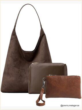 3-Piece Faux Suede Hobo Bag Set with Pockets - Large Capacity Work Travel Tote